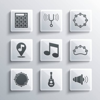 Gitar, Hoparlör sesi, tef, müzik notası, tonu, düğme seviyesi, konum müzikali, bateri makinesi ve simge ayarla. Vektör