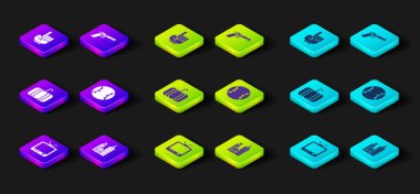 Retro TV, şehir manzarası, balkabağı, beysbol topu, tabanca veya silah ve bir numaralı fan eldiven ikonu. Vektör