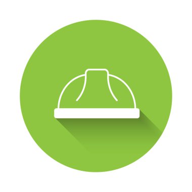 Beyaz İşçi güvenlik başlığı simgesi uzun gölgeli. Yeşil daire düğmesi. Vektör