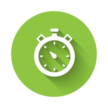 Beyaz Kronometre simgesi uzun gölge arkaplanı ile izole edildi. Zaman göstergesi. Kronometre işareti. Yeşil daire düğmesi. Vektör