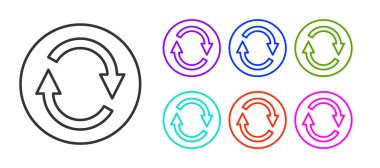 Siyah çizgi Geri Dönüşüm sembolü simgesi beyaz arkaplanda izole edildi. Dairesel ok simgesi. Çevre geri dönüşümü yeşile döner. Simgeleri renklendirin. Vektör