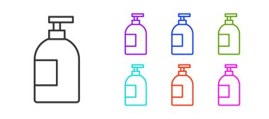 Siyah çizgi, beyaz arka planda izole edilmiş sıvı şişe ikonu. Bulaşık yıkamak için sıvı deterjan. Simgeleri renklendirin. Vektör