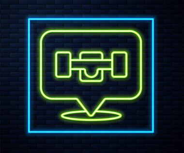 Parlak neon çizgili kaykay tekerleği ikonu tuğla duvar arka planında izole edilmiş. Kaykay süspansiyonu. Kaykay tekerleği. Vektör