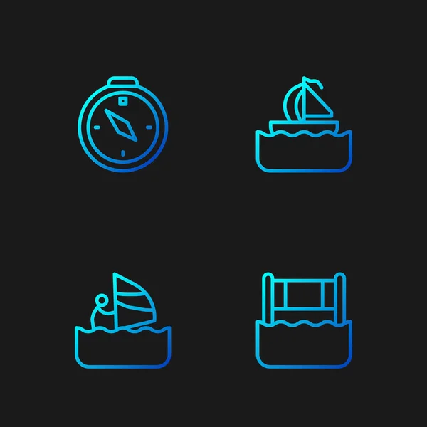 Set line Watervolleybalnet, Windsurfen, Kompas en Jachtzeilboot. Gradiënt kleurpictogrammen. Vector — Stockvector