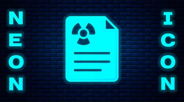 Parlayan neon radyasyon uyarı belgesi simgesi tuğla duvar arka planında izole edildi. Metin dosyası. Vektör — Stok Vektör