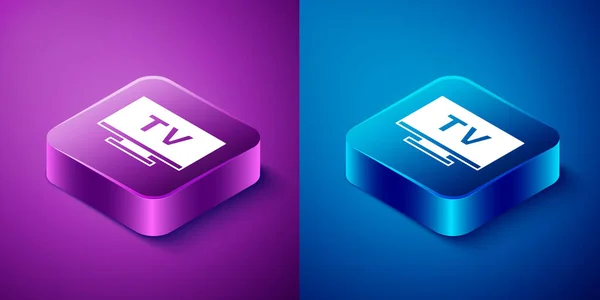 Izometrikus Smart Tv ikon elszigetelt kék és lila háttér. Televíziós jel. Négyzet gomb. Vektor — Stock Vector