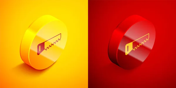 Isometric Hand saw icon isolated on orange and red background. Circle button. Vector — Stock Vector