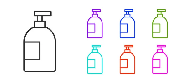 Línea negra Icono de la botella de líquido para lavavajillas aislado sobre fondo blanco. Detergente líquido para lavar platos. Establecer iconos de colores. Vector — Vector de stock