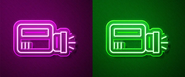 Gloeiende neon lijn zaklamp pictogram geïsoleerd op paarse en groene achtergrond. Vector — Stockvector