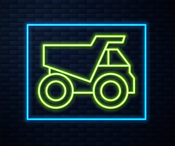 Glowing neon line Mining dump truck icon isolated on brick wall background. Vector — Stock Vector