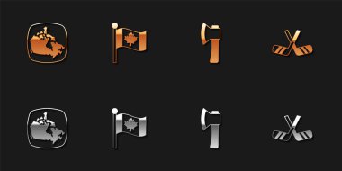 Kanada haritası, tahta baltası ve buz hokeyi sopası ikonu. Vektör