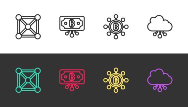 Hat Blockchain teknolojisi, devreli Bitcoin ve siyah-beyaz kripto para bulutu madenciliği. Vektör