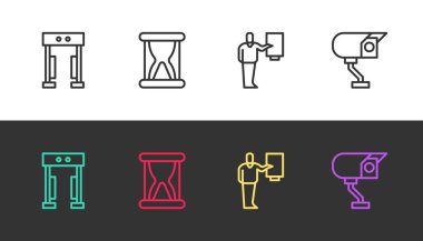 Metal detektörü, kum kaplı eski kum saati, müze rehberi ve güvenlik kamerasını siyah beyaz üzerine ayarla. Vektör