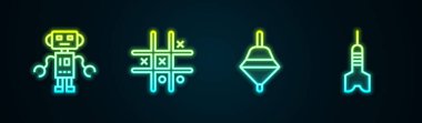 Çizgili Robot oyuncağı, Tic Tac toe oyunu, Whirligig ve Dart oku. Parlayan neon ikonu. Vektör