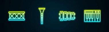 Davul, Klarnet, Ksilofon ve Müzik Sentezleyicisini ayarla. Parlayan neon ikonu. Vektör