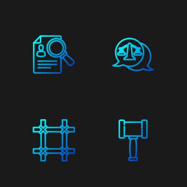 Yargıç Tokmak, Cezaevi penceresi, kağıt analizi büyütme ve adalet terazisi. Renk simgeleri. Vektör