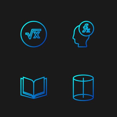 Satır Geometrik figürü, Açık Kitap, Karekök x kabartması ve Fonksiyon matematiksel sembolü. Renk simgeleri. Vektör