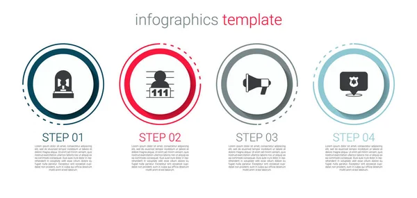 Zet Flasher sirene, verdachte crimineel, Megaphone en politie badge. Bedrijfsinfographic sjabloon. Vector — Stockvector