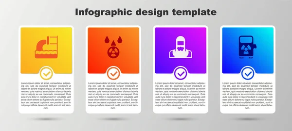 Set Acque reflue, Piogge acide e nubi radioattive, Operaio del reattore nucleare e stazione di ricarica auto elettrica. Modello di infografica aziendale. Vettore — Vettoriale Stock