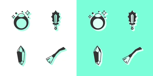 Set Witches broom, Magic stone ring, and sword fire icon. Vector — Stock Vector