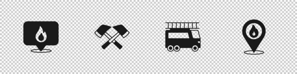 Konumu yangın alevi, itfaiyeci baltası, kamyon ve ikon ile ayarlayın. Vektör