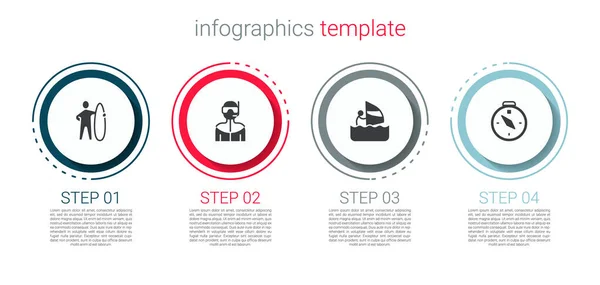 Set tabla de surf, traje de neopreno para buceo, windsurf y brújula. Plantilla de infografía empresarial. Vector — Vector de stock