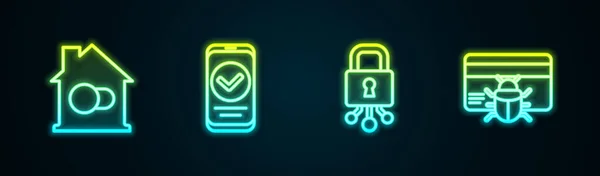 Akıllı ev, akıllı telefon, siber güvenlik ve sistem hatlarını kredi kartına yerleştir. Parlayan neon ikonu. Vektör — Stok Vektör