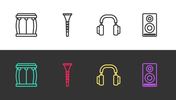Set line Drum, Klarinet, Hoofdtelefoon en Stereo luidspreker op zwart-wit. Vector — Stockvector