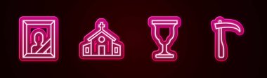 Yas tutan fotoğraf çerçevesi, kilise binası, Christian kadeh ve Scythe. Parlayan neon ikonu. Vektör