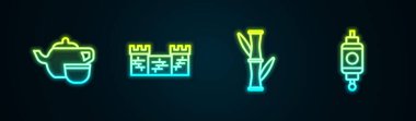 Çin çay seremonisi, Çin Seddi, Bambu ve kağıt fener. Parlayan neon ikonu. Vektör