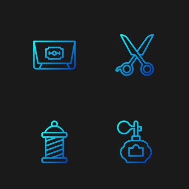 Tıraş losyonu, berber dükkanı direği, tıraş bıçağı ve makas kuaförü. Renk simgeleri. Vektör