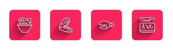 Set line Serveras fisk på en skål, mussla, hummer eller krabbklo och skärbräda och kniv med lång skugga. Röd fyrkantig knapp. Vektor — Stock vektor