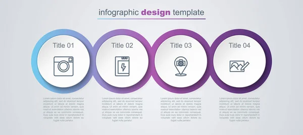 Impostare la linea Fotocamera, batteria e ritocco. Modello di infografica aziendale. Vettore — Vettoriale Stock