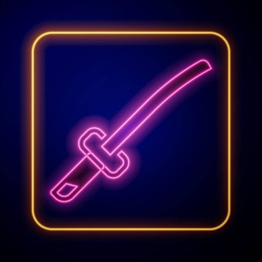 Parlayan neon renkli geleneksel Japon katana simgesi siyah arka planda izole edildi. Japon kılıcı. Vektör