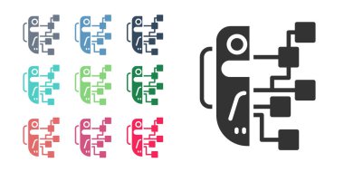 Siyah İnsansı robot simgesi beyaz arkaplanda izole edildi. Yapay zeka, makine öğrenme, bulut hesaplama. Simgeleri renklendirin. Vektör