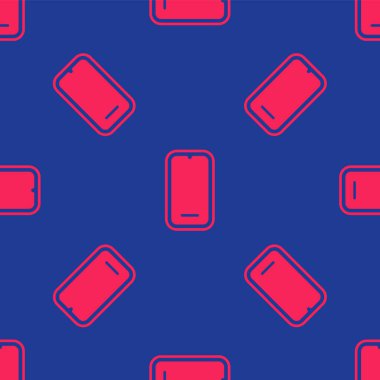 Kırmızı akıllı telefon, cep telefonu simgesi mavi arka planda izole edilmiş kusursuz desen. Vektör