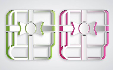 Kağıt kesiği, gri arka planda izole edilmiş hediye ikonu olarak Kitap 'ı sunar. Kağıt sanatı tarzı. Vektör