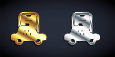 Siyah arkaplanda altın ve gümüş taksi mobil uygulama simgesi izole edildi. Mobil uygulama taksisi. Uzun gölge tarzı. Vektör