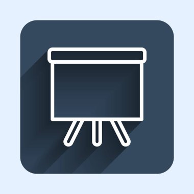 Beyaz çizgi kireçtaşı simgesi uzun gölge arkaplanı ile izole edildi. Okul karatahtası. Mavi kare düğme. Vektör