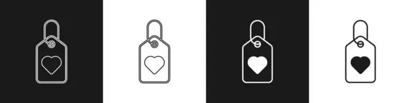 Set Heart tag ikon isolerad på svart och vit bakgrund. Kärlekssymbol. Alla hjärtans dag symbol. Vektor — Stock vektor