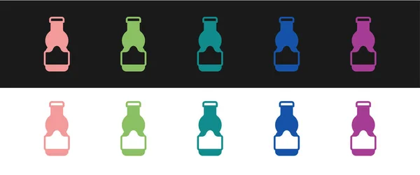 Definir ícone de garrafa de molho isolado no fundo preto e branco. Ketchup, mostarda e maionese garrafas com molho para fast food. Vetor — Vetor de Stock
