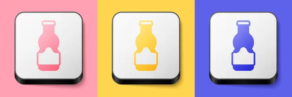 Isometric Sauce bottle icon isolated on pink, yellow and blue background. Ketchup, mustard and mayonnaise bottles with sauce for fast food. Square button. Vector — Stock Vector