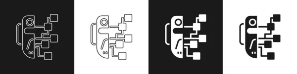Définir l'icône du robot humanoïde isolé sur fond noir et blanc. Intelligence artificielle, apprentissage automatique, cloud computing. Vecteur — Image vectorielle
