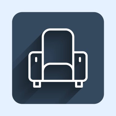 Beyaz çizgi sinema koltuğu ikonu uzun gölge arkaplanı ile izole edildi. Mavi kare düğme. Vektör