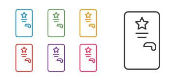 Beyaz arkaplanda izole edilmiş sahne arkası simgesini ayarla. Üzerinde yıldız işareti olan kapı. Ünlüler için giyinmek. Simgeleri renklendirin. Vektör