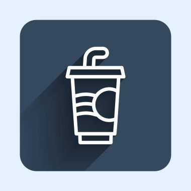 Pipet içen beyaz çizgi kağıt bardak ve uzun gölge arkaplan izole su ikonu. Soda bardağı. Taze soğuk içecek sembolü. Mavi kare düğme. Vektör