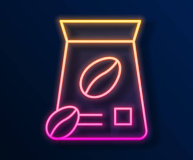 Parlayan neon hattı kahve çekirdeği torbası simgesi siyah arka planda izole. Vektör