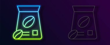 Parlayan neon hattı kahve çekirdeği torbası simgesi siyah arka planda izole. Vektör