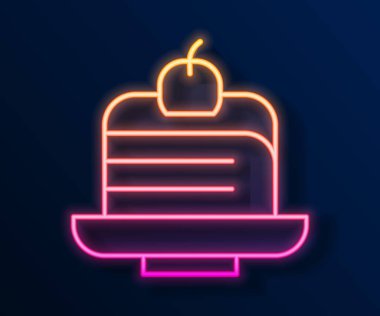 Parlak neon çizgili kek simgesi siyah arkaplanda izole edilmiş. Doğum günün kutlu olsun. Vektör