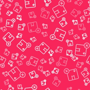 Beyaz çizgi karton kutu simgesi kırmızı arkaplanda izole edilmiş kusursuz desen. Kutu, paket, paket işareti. Teslimat ve ambalaj. Vektör